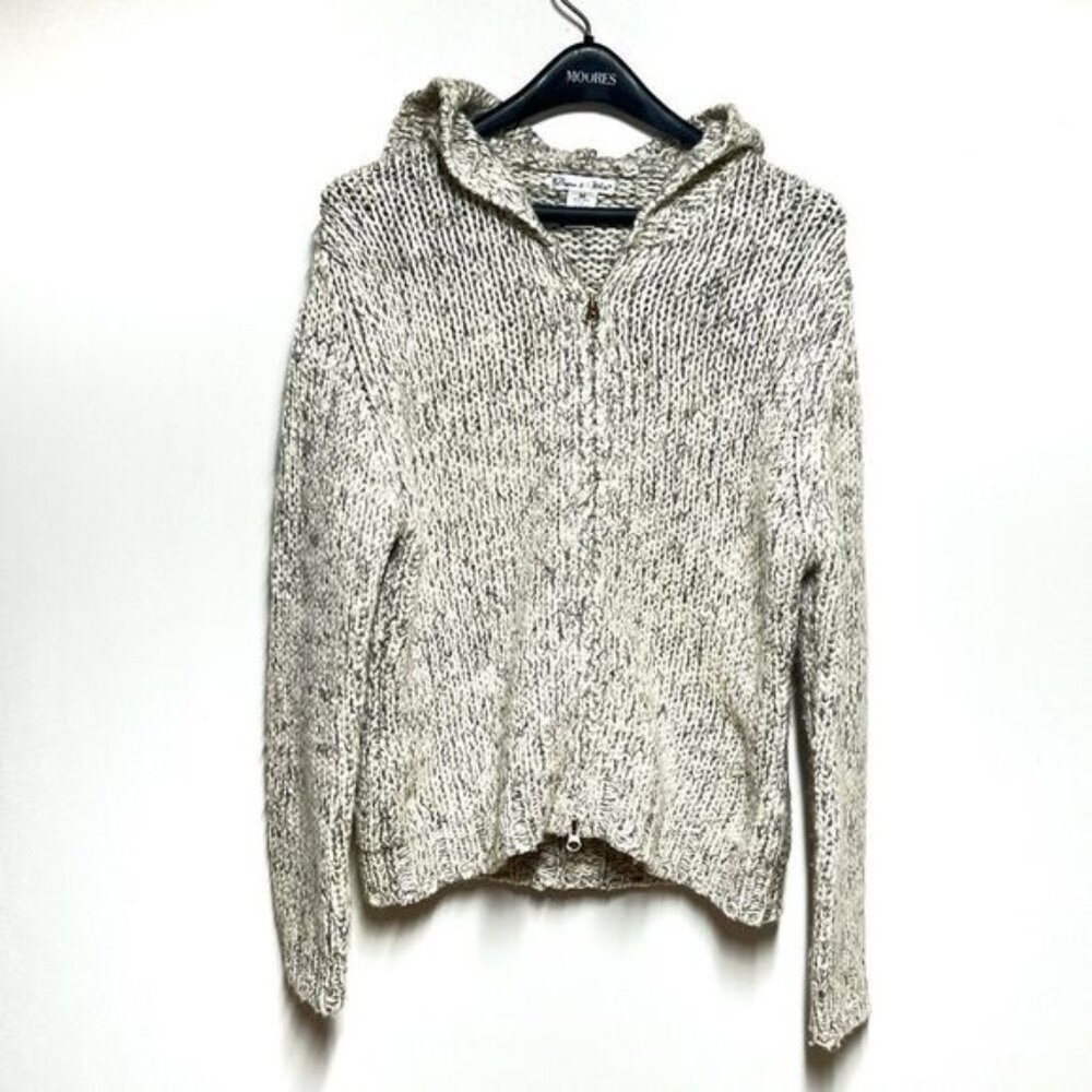 Hand Cable knit Double Zip Hoodie Cardigan Grey White Womens M